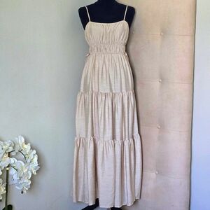 Blu Pepper-Boho Smocked Tiered Maxi Sundress, Champagne, Lined Adjustable Straps